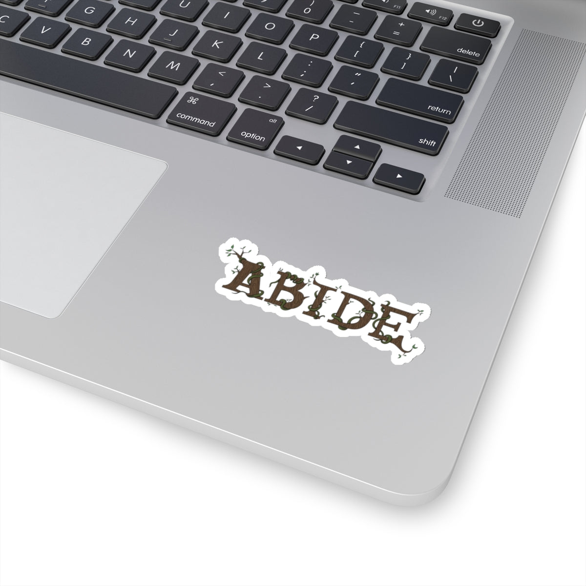 Kiss cut sticker with the word abide as the focus. The letters are brown with green moss weaving in between them. The outline of the sticker is white. The sticker is placed on a laptop for reference.